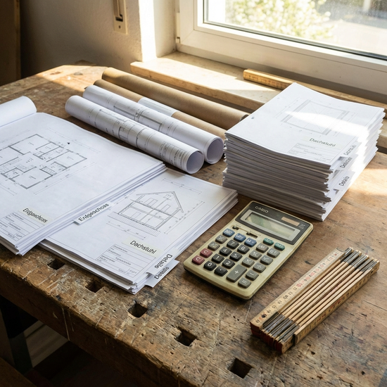 Ordentlich sortierte Baupläne, ein Taschenrechner und ein Zollstock liegen auf einem Tisch