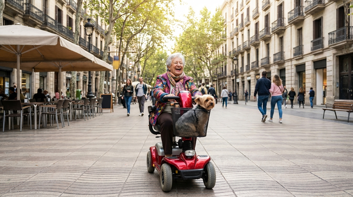 Zufriedene Seniorin fährt auf einem roten Elektromobil auf einem breiten Gehweg in der Stadt