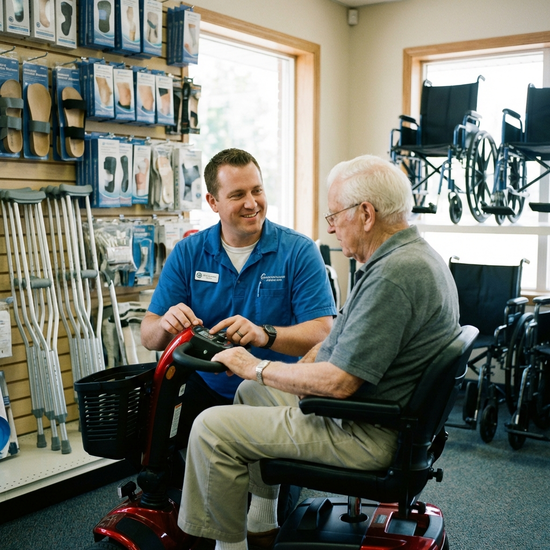 Freundlicher Mitarbeiter im Sanitätshaus berät einen älteren Herrn neben einem Elektromobil