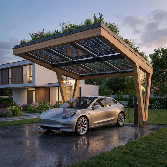 Elektromobil steht geschützt unter einem überdachten Carport