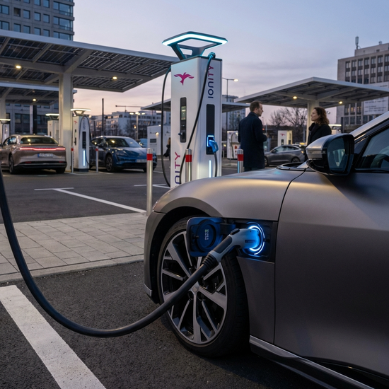 Ladekabel ist an die Ladebuchse eines modernen Elektromobils angeschlossen