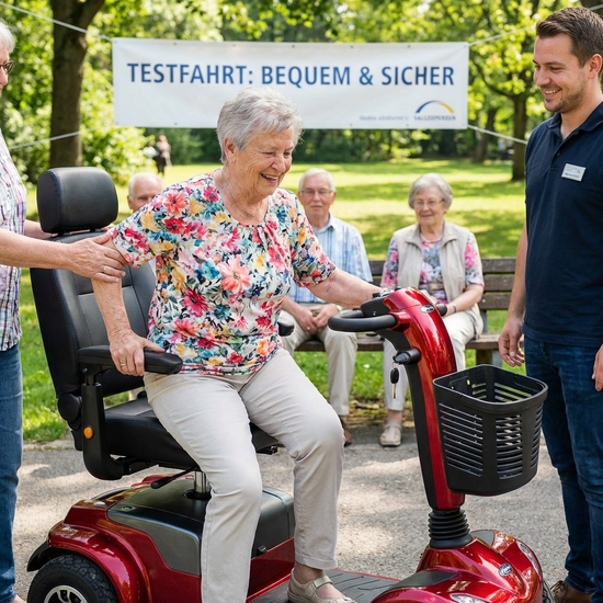 Seniorin testet den bequemen Einstieg in das Elektromobil