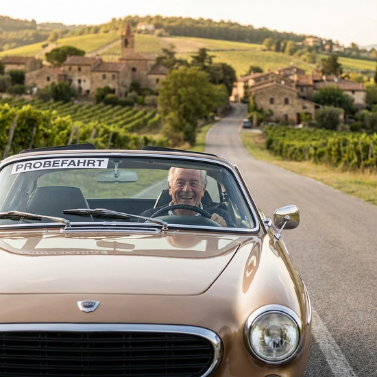 Senior fährt bei einer Probefahrt lächelnd eine leichte Steigung auf einer Straße hinauf