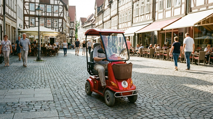 Rotes 6 km/h Elektromobil in einer gepflasterten Fußgängerzone