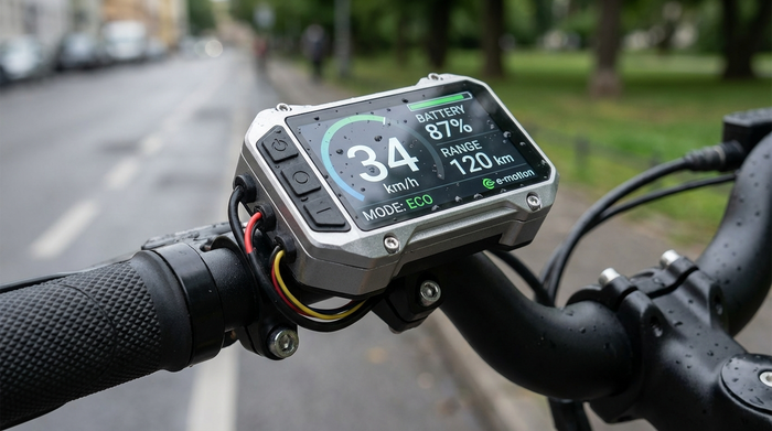 Detailansicht eines digitalen Tachometers am Lenker eines Elektromobils