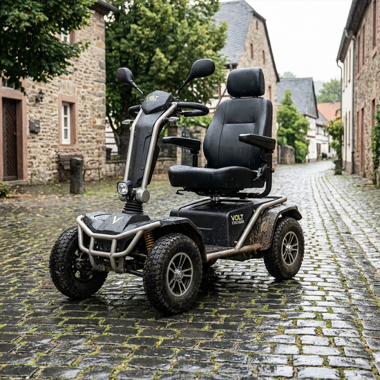 Stabiles vierrädriges Elektromobil auf einem Kopfsteinpflaster-Weg