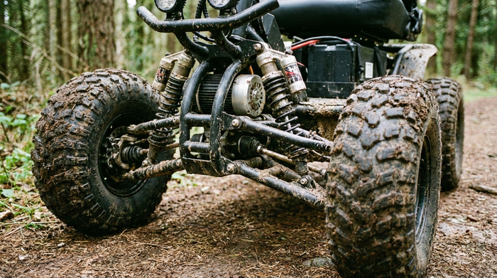 Blick auf die großen, profilierten Luftreifen und die Federung eines Elektromobils