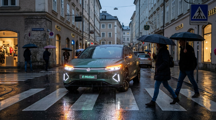 Elektromobil mit leuchtenden Frontscheinwerfern und Blinkern an einem Fußgängerüberweg