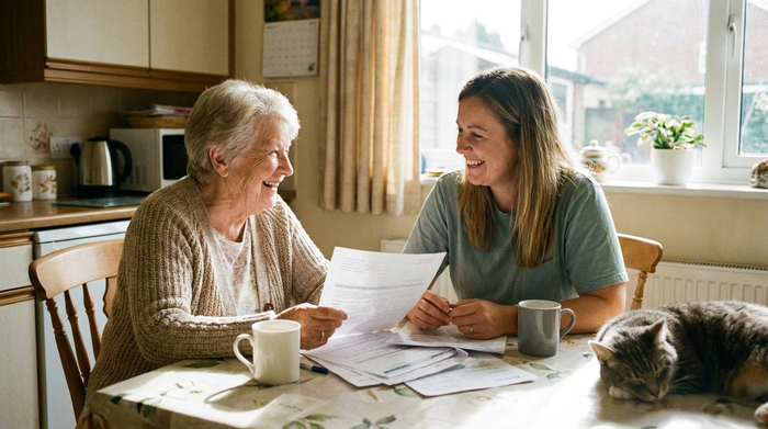 Seniorin und Pflegekraft sitzen entspannt am Küchentisch und besprechen Dokumente