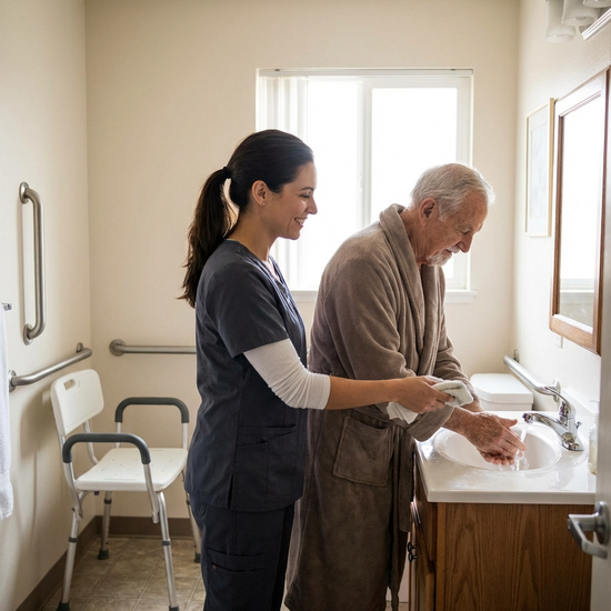 Pflegerin unterstützt älteren Herrn bei der morgendlichen Körperpflege im Badezimmer
