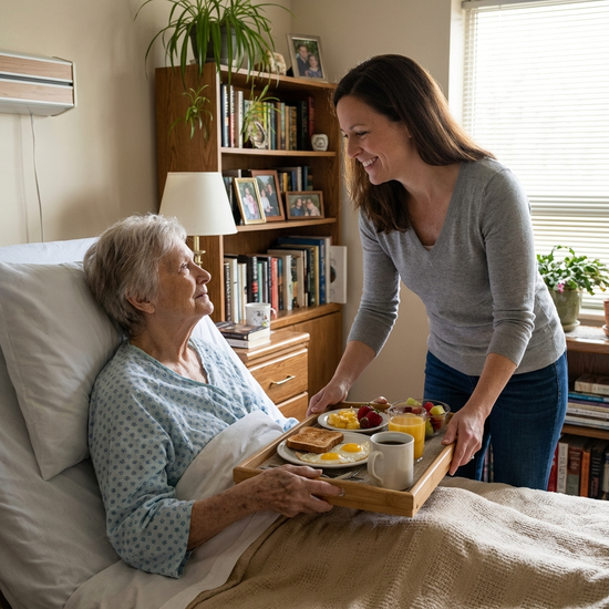 Tochter bringt ihrer pflegebedürftigen Mutter liebevoll das Frühstück ans Bett