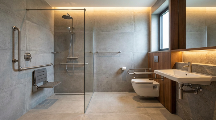 Modernes, barrierefreies Badezimmer mit ebenerdiger Dusche und Haltegriffen