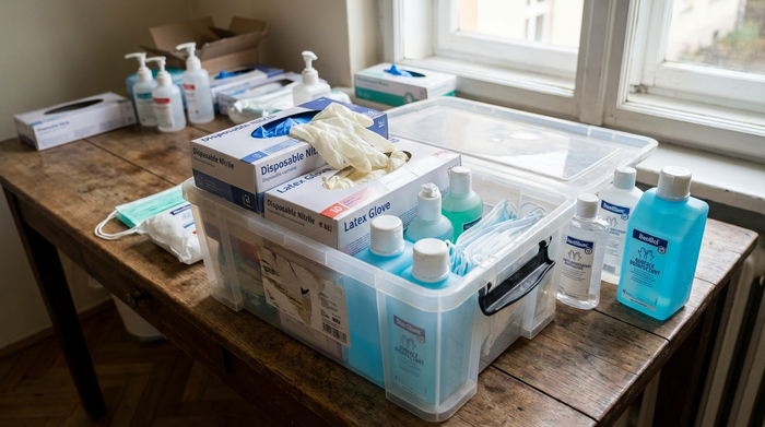 Geöffnete Pflegebox mit Einmalhandschuhen und Desinfektionsmitteln auf einem Tisch