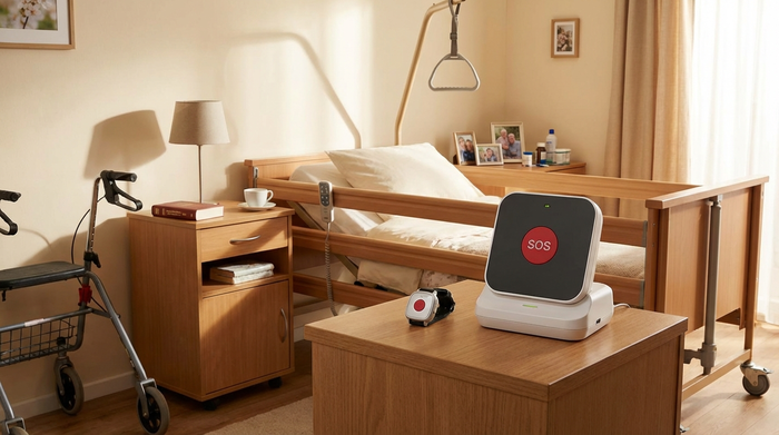 Hausnotruf-Gerät griffbereit auf einem Nachttisch neben dem Pflegebett