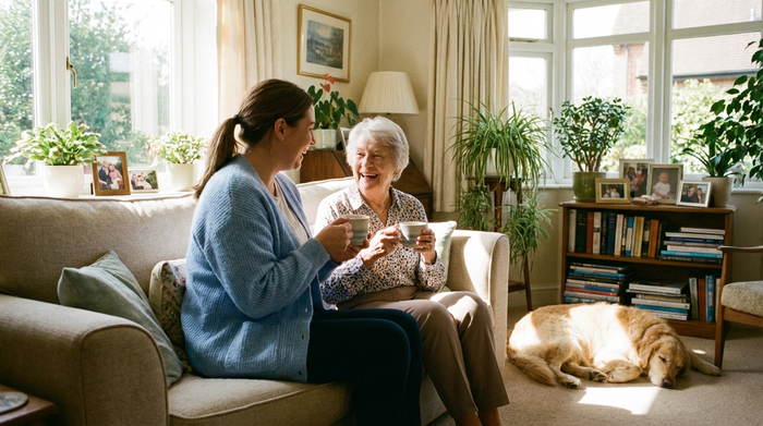 Freundliche Pflegekraft und Seniorin trinken gemeinsam Tee im hellen Wohnzimmer