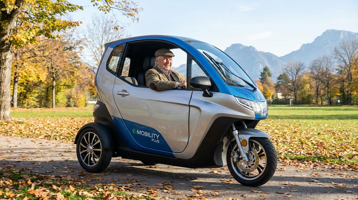 Senior fährt mit einem modernen Elektromobil auf einem befestigten Weg