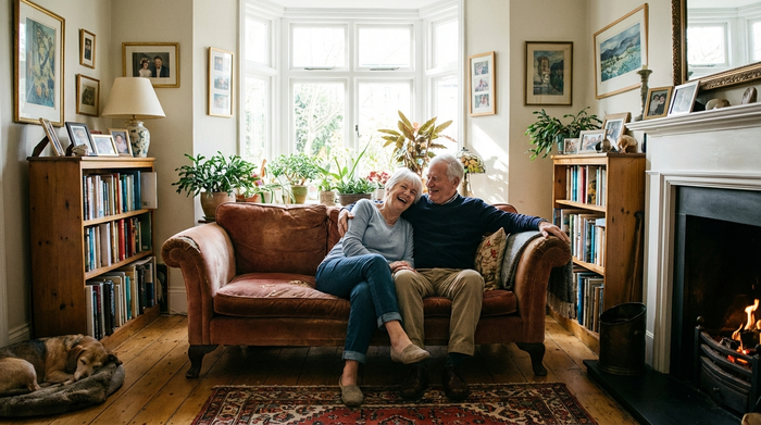 Glückliches Seniorenpaar sitzt entspannt auf dem Sofa im eigenen Wohnzimmer