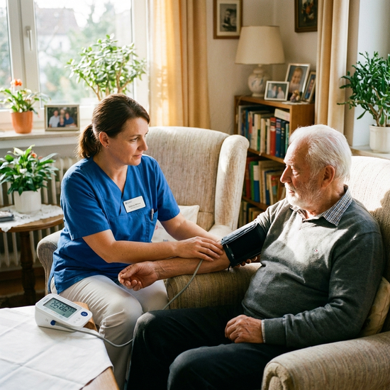 Examinierte Pflegekraft misst den Blutdruck eines älteren Herrn