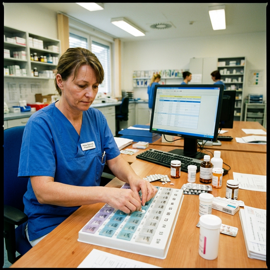 Pflegekraft bereitet Medikamente in einem Dispenser vor