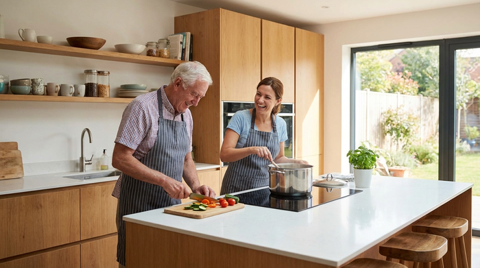 Betreuungskraft und Senior kochen gemeinsam in einer modernen Küche