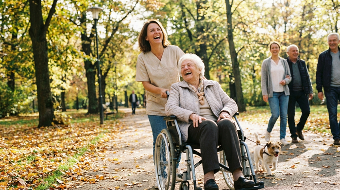 Pflegerin und ältere Dame lachen bei einem gemeinsamen Spaziergang im Park
