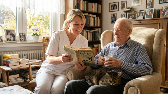Betreuungskraft liest einem Senior aus einem Buch vor