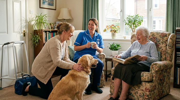 Ambulante Pflegekraft, Betreuungskraft und Seniorin sitzen entspannt zusammen
