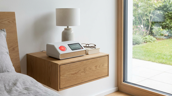 Modernes Hausnotruf-Gerät auf einem Nachttisch