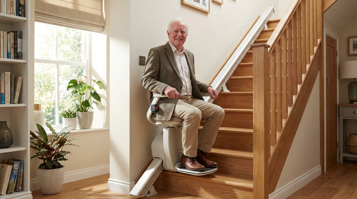 Senior nutzt einen modernen Treppenlift in einem gepflegten Einfamilienhaus