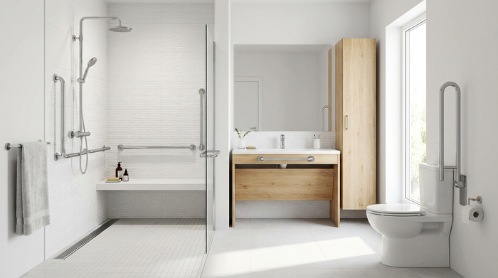 Barrierefreies, helles Badezimmer mit ebenerdiger Dusche und Haltegriffen