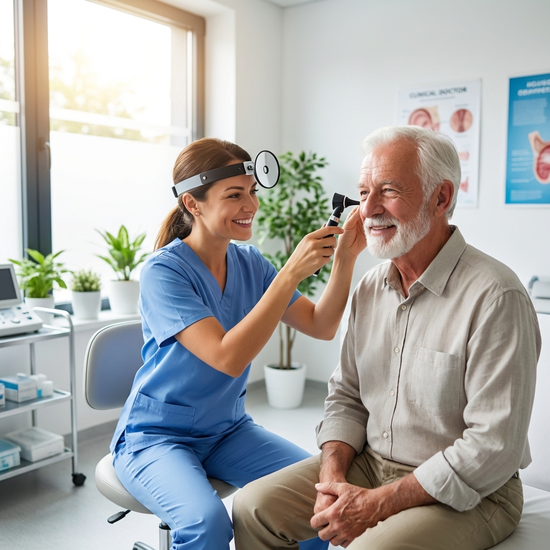 Älterer Herr bei der Untersuchung durch einen freundlichen HNO-Arzt in heller Praxis