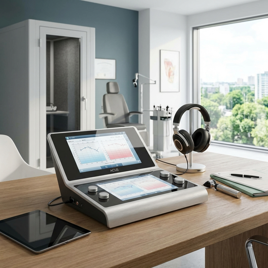 Modernes Audiometrie-Gerät mit Kopfhörern auf einem Tisch in einer HNO-Praxis