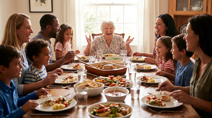 Lächelnde Seniorin im angeregten Gespräch bei einem Familienessen am großen Tisch