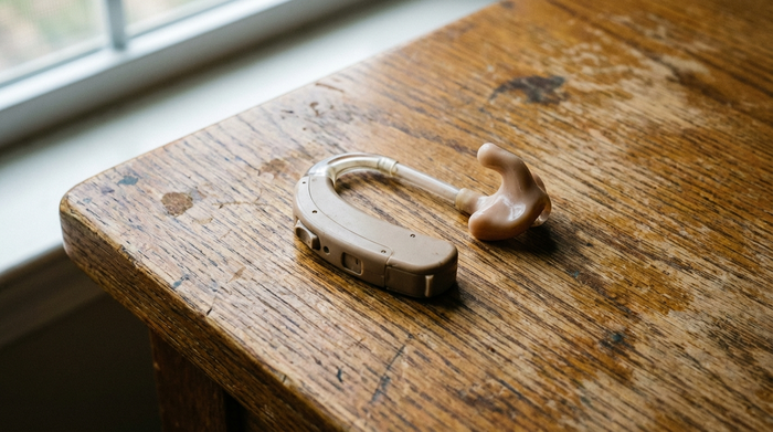 Klassisches Hinter-dem-Ohr Hörgerät auf einem Holztisch