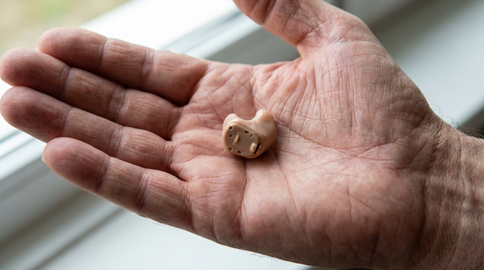 Winziges Im-Ohr-Hörgerät in einer geöffneten Handfläche