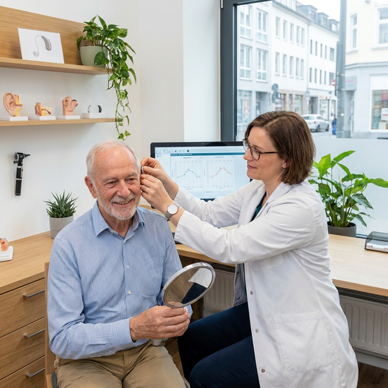 Hörakustikerin passt einem Senior das Hörgerät im Beratungsraum an