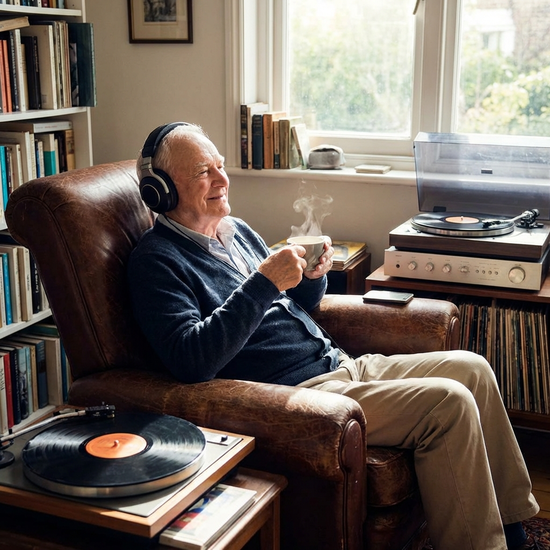 Senior sitzt entspannt im Sessel und hört Musik