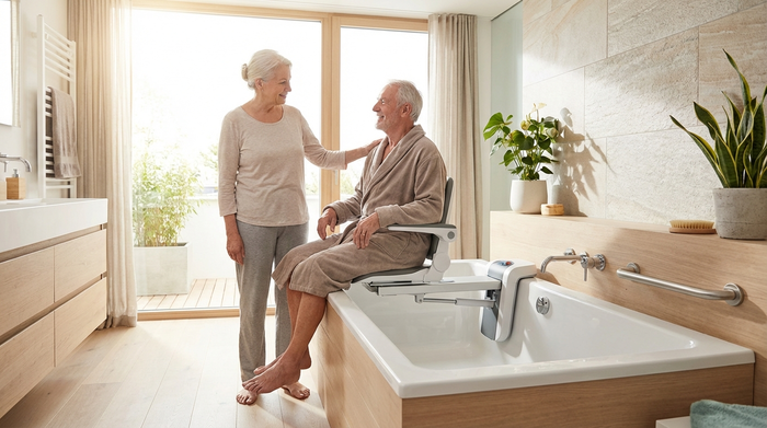 Seniorenpaar im hellen Badezimmer, der Mann sitzt sicher auf einem modernen Badewannenlift