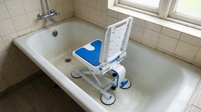 Standard-Sitzlift sicher befestigt am Boden einer leeren Badewanne