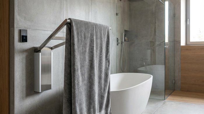 Moderner Tuchlifter an der Wand neben der Badewanne montiert