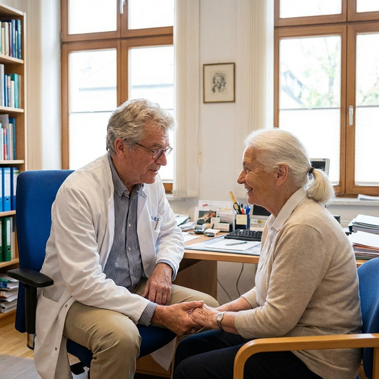 Arzt im Gespräch mit einer älteren Patientin in der Praxis