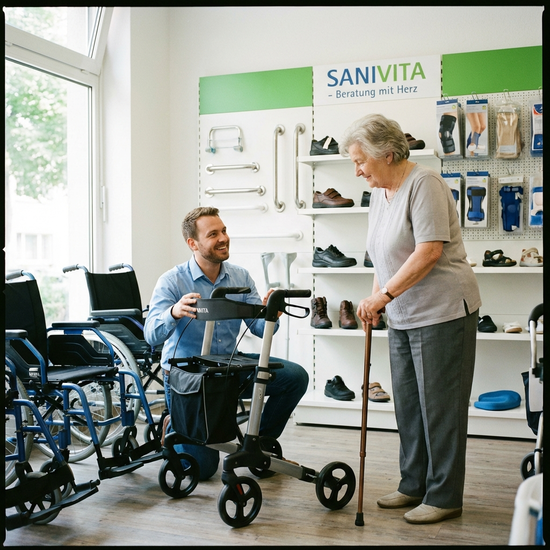 Freundlicher Berater im Sanitätshaus zeigt einer Seniorin Hilfsmittel