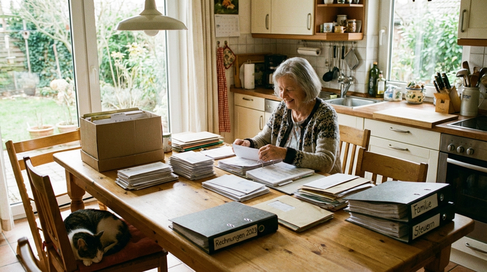Ältere Dame sitzt am Küchentisch und sortiert übersichtlich Dokumente und Briefe