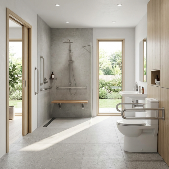 Modernes, barrierefreies Badezimmer mit bodengleicher Dusche und Haltegriffen