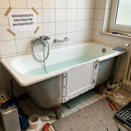 Badewanne mit nachträglich eingebauter, wasserdichter Einstiegstür