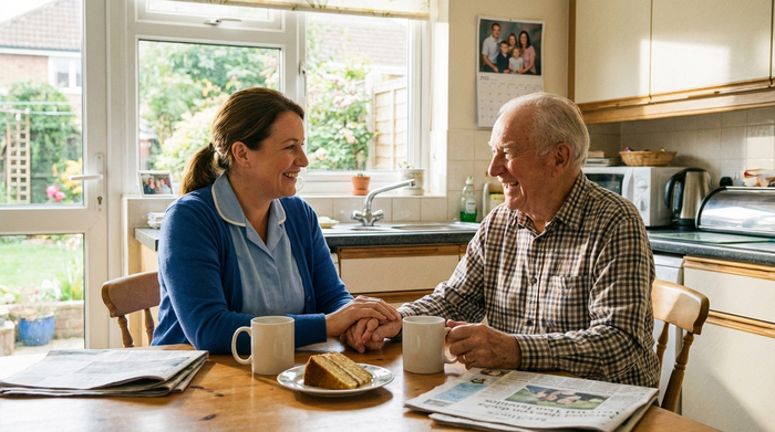Freundliche Pflegerin und älterer Herr sitzen lächelnd am Küchentisch bei einer Tasse Kaffee