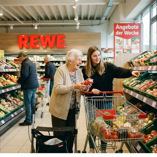 Senioren und Alltagsbegleiterin beim gemeinsamen Wocheneinkauf im Supermarkt