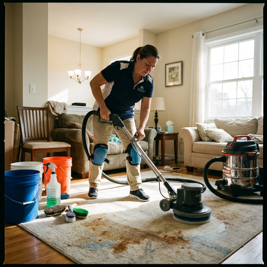 Professionelle Reinigungskraft säubert gründlich den Boden im Wohnzimmer