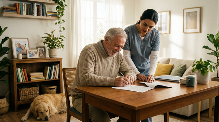 Senior unterschreibt entspannt ein Dokument am Schreibtisch, beraten von einer Pflegekraft