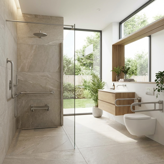 Modernes, helles Badezimmer mit bodengleicher Dusche und Haltegriffen